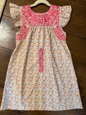Six Honeybees - Girls Pink Floral Smocked Flutter-Sleeve Dress - Viva - Size: 6Y